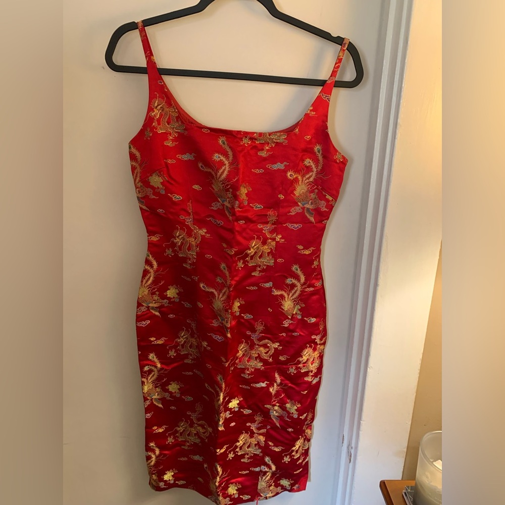 Maggy London Red Satin Mini Dress with Gold Dragon Embroidery